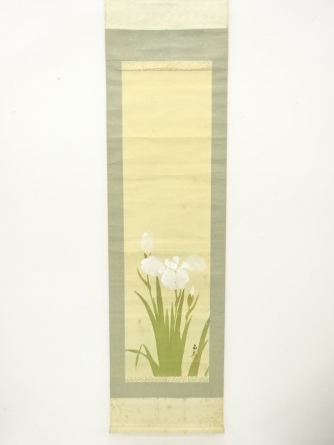 JAPANESE COLLECTIBLE / HANGING SCROLL OF WHITE IRIS SILK BY THE ARTIST